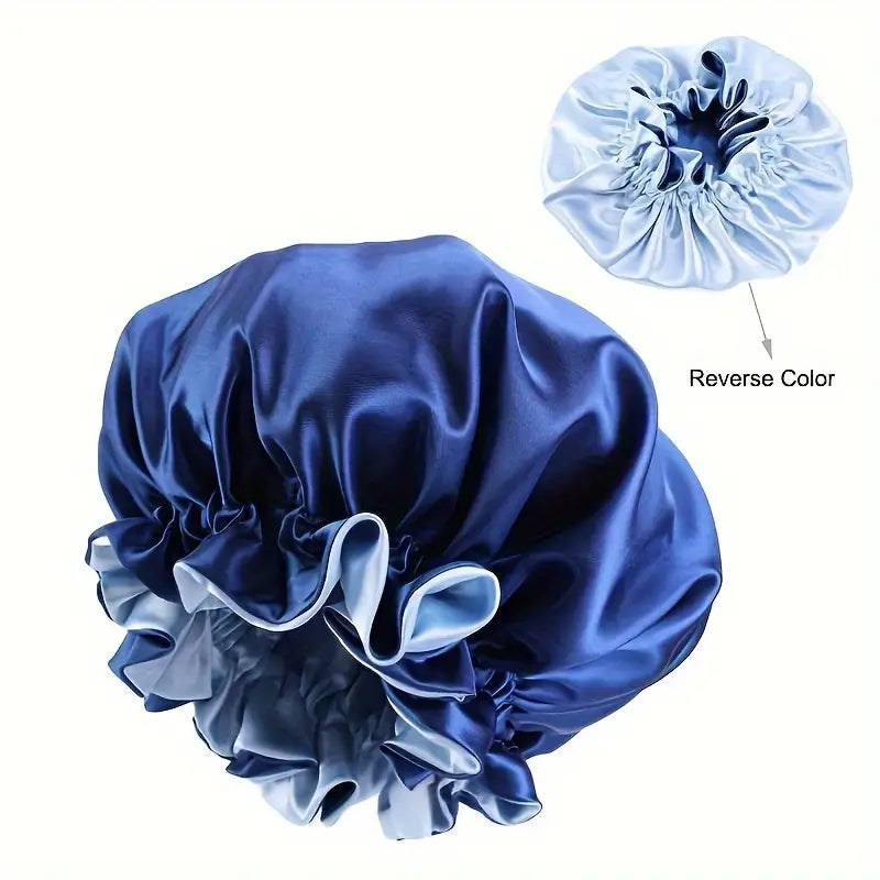 Satijnen slaapmuts bonnet dubbellaags blauw