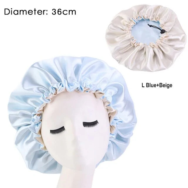 Satijnen slaapmuts bonnet dubbel laags blauw beige