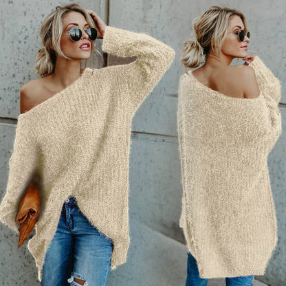 Vrouwen trui one shoulder beige
